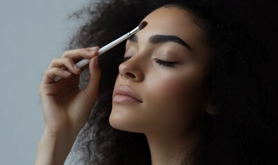 Fototapeta premium Woman applying makeup, eyes closed, studio shot, neutral background, beauty