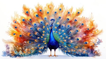 Watercolor Peacock Displaying Colorful Feathers