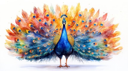 Watercolor Peacock Displaying Colorful Tail