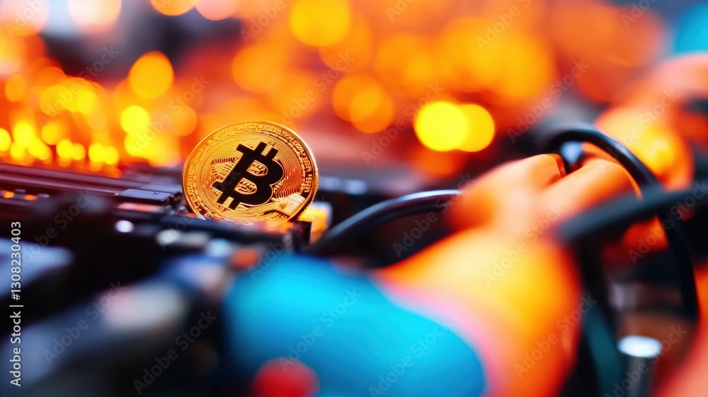 Poster bitcoin coin rests on computer hardware in a mining setup, surrounded by tangled cables and warm amb