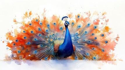 Watercolor Peacock With Majestic Tail