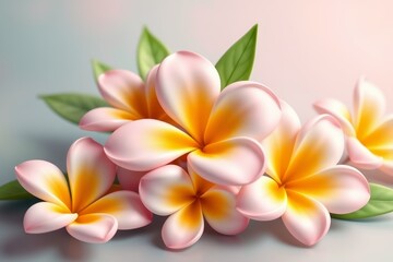 Obraz premium there are three pink and yellow flowers with green leaves on a table