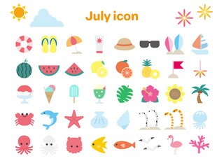 シンプルでフラットな7月のビーチベクターアイコンセット｜Simple & Flat July Beach Vector Icon Set 