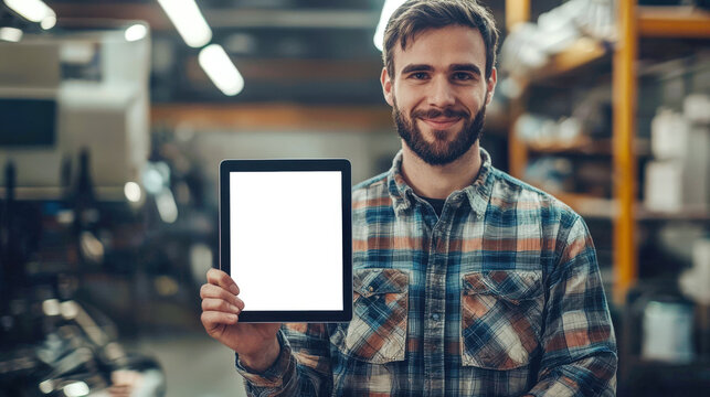 A mechanic at an auto repair shop holds a stylish tablet with an empty white screen in his hand. Tablet mockup. Presentation of the website, discounts, promotions and sales for men. A male worker