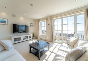 Light and airy living room with ocean views. Modern, comfortable seating area with large windows overlooking the sea.