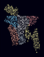 Bangladesh, shape of the country build of colored cells. Digital style map of the Bangladesh on dark background. Small size rounded square blocks. Plain vector illustration.