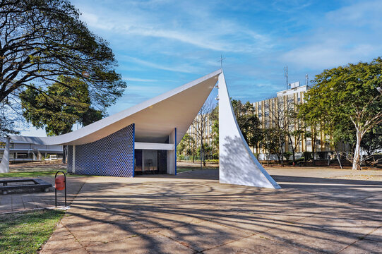Our Lady of Fatima Church was the first church to be built in 1958 in Brasilia, projected by Oscar Niemeyer and looking like a cross between a nun's wimple and a marquee. Brasil, 2021