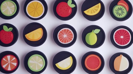 Colorful fruit slices arranged on a white background.  Possible use Illustration of fresh fruit