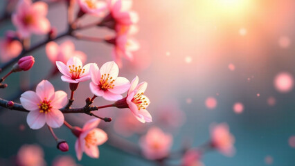 Generate an AI photo of a spring scene, blurred background, showcasing a festive holiday mood.  Focus on depth of field, warm lighting, and a tranquil atmosphere.  Style should be artistic and high qu