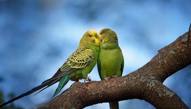 pair of parakeets perched on a tree branch