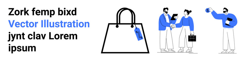 Shopping bag with tag in focus, professionals shaking hands, presenting reports, and discussing progress. Ideal for retail, business deals, product promotion, teamwork, collaboration sales flat