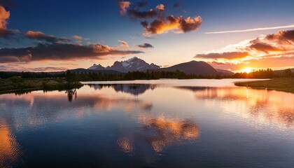 Fototapeta premium calm lake reflecting the sunset sky
