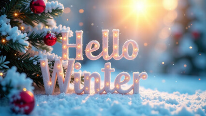 Generate an AI photo for a winter greeting card, featuring "Hello Winter" typography.  The design should include a snowflake background, evoke a festive and cozy winter mood, with bright, warm lightin