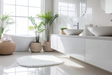 Fototapeta premium A modern bathroom with a freestanding white bathtub, elegant plants, and stylish fixtures, bathed in natural light from large windows, creating a tranquil ambiance.