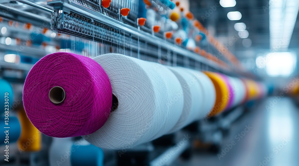 Poster industrial threads: a dynamic shot of a textile factory, featuring vibrant threads on bobbins creati