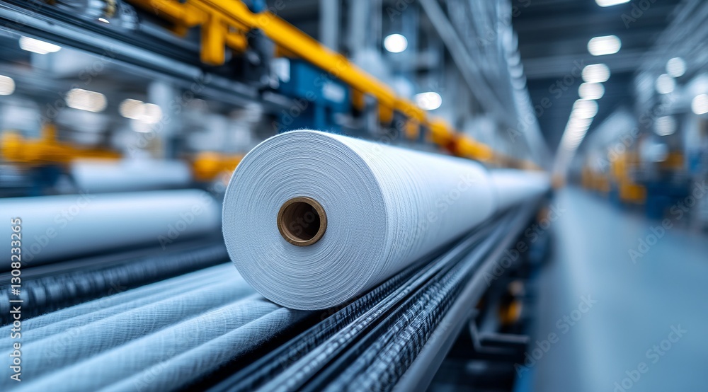 Poster production line: a close-up shot showcases a roll of paper or fabric rolling through an automated pr