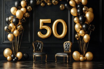 Celebrate a milestone with elegant party decor featuring black and gold balloons, a striking '50' centerpiece, and two stylish chairs. Perfect for birthday parties or anniversaries.