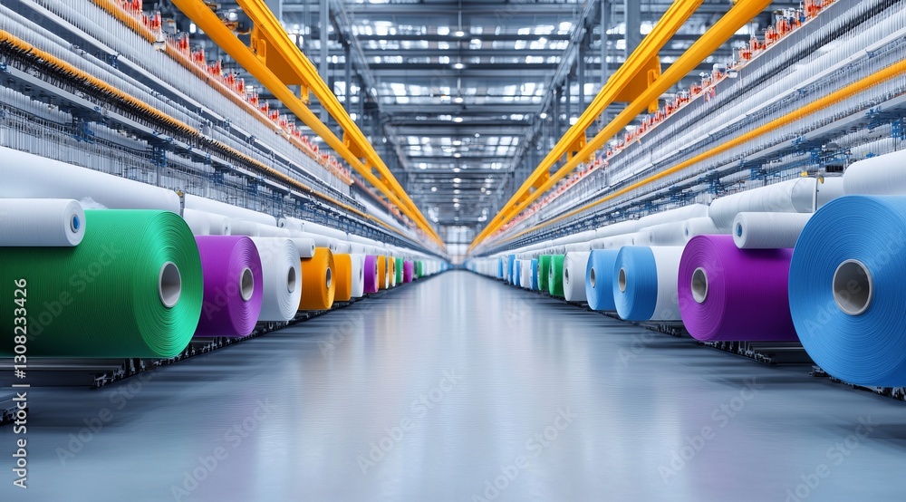 Poster textile factory: a view down the aisle of a textile factory with an array of yarn spools in vibrant 