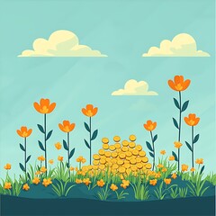 Obraz premium Gold coins hidden in spring meadow