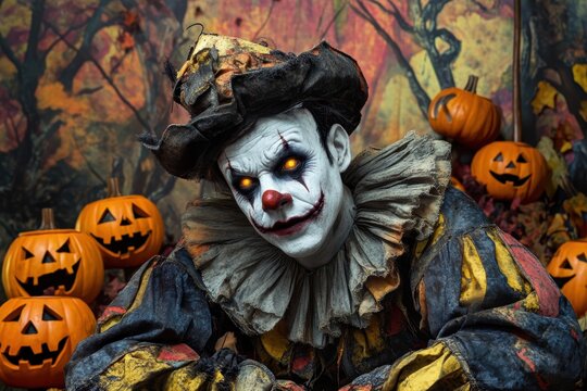 A spooky Halloween scene features a frightening clown with glowing orange eyes, surrounded by autumn leaves and carved pumpkins, capturing the eerie spirit of seasonal celebrations.