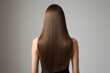Obraz premium arafed woman with long brown hair standing in front of a gray background