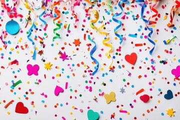 A vibrant celebration scene scattered with colorful confetti, ribbons, and decorative shapes in various forms. Perfect for party invitations, festive announcements, or festive decor themes.