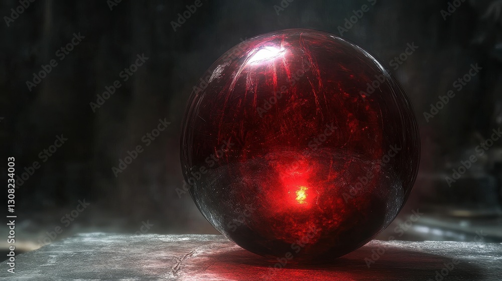 Poster a vibrant red glass sphere glows softly from within, illuminated by a warm red light. its smooth sur