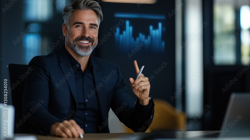 Poster aussie entrepreneurs businessman. professional man smiling while pointing, with graphs in the backgr