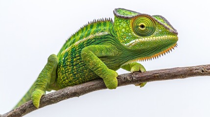 A vibrant, medium-sized chameleon with striking green and yellow hues gazes to the right, showcasing its dynamic, colorful patterns against a lush backdrop