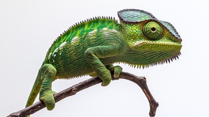 Fototapeta premium Close-up of a chameleon with a captivating green and white patterned head and neck, perched elegantly on a branch. Its eyes follow every movement