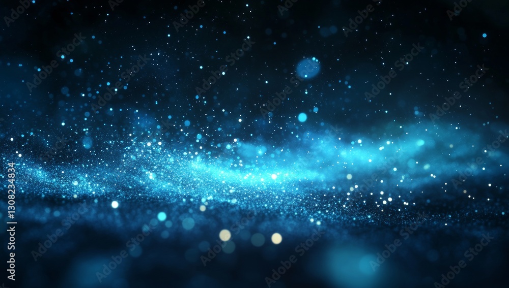 Poster dynamic abstract background featuring glowing blue lightning bolts and bokeh lights in a dark sky