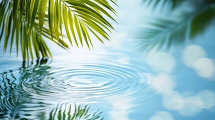 Tranquil palm leaf reflection, calm water ripples, serene background, spa/wellness imagery