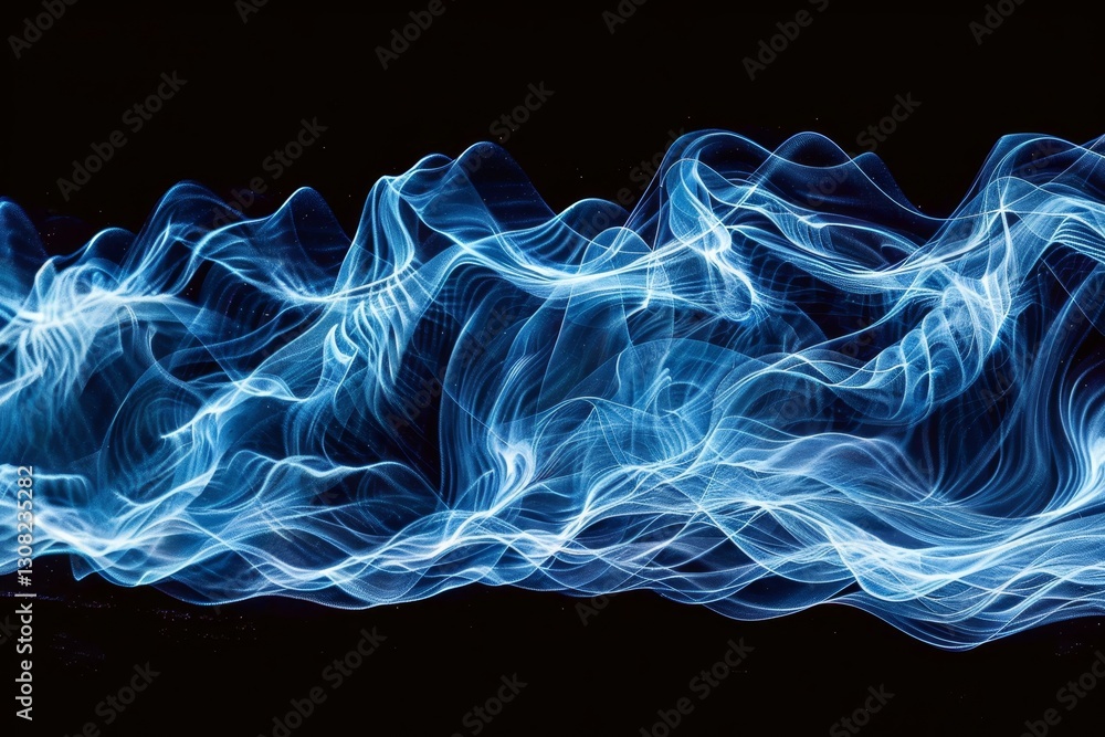 Poster a surreal glowing blue wave creating intricate patterns against a dark background with soft lighting