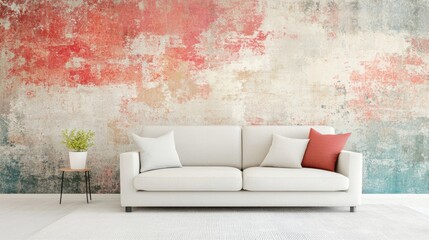 A cozy living room features a light sofa with decorative cushions against a colorful textured wall reflecting warm hues