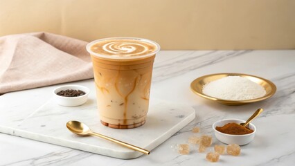 Iced Brown Sugar Latte with Caramel Drizzle and Brown Sugar Accents
