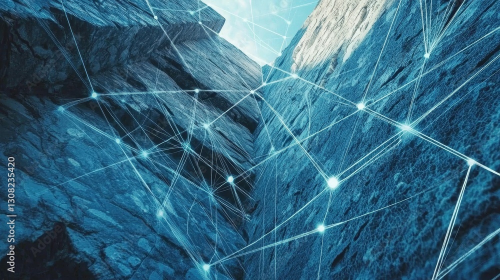 Poster futuristic abstract digital visualization with neon blue circuits in a minimalistic design