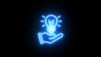 Lamp on open hand with light bulb neon and black background. Glowing lightbulb and pencil inside. Business and innovation for idea or creativity concept.