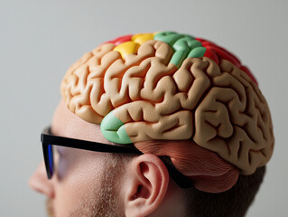 Man holding a detailed brain model while exploring neuromarketing strategies in a realistic photography setting