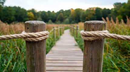 Naklejka premium Wooden walkway surrounded by rope obstacles in a realistic photography depicting an obstacle course for survival