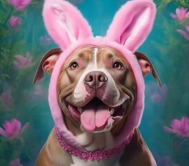 A happy pitbull dog showing off it's pink bunny ears. 