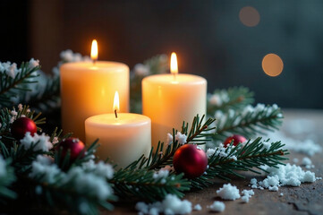 Three lit candles, snow-covered pine branches, classic Christmas Eve ambiance.  Deep depth of field, moody lighting, warm atmosphere, fine art style, high resolution, detailed textures.  Add subtle bo
