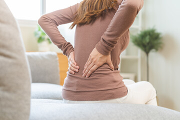 Pain body muscles stiff problem, suffer asian young woman painful back, symptom injury ache from...