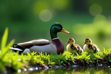 A mama duck and her ducklings rest on a grassy bank , ducklings, outdoors, wildlife