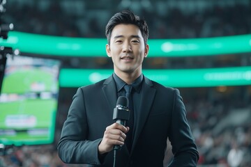 Enthusiastic Reporter: A smiling Asian man, dressed in a sleek black suit, holds a microphone and appears to be reporting live from a stadium, capturing the energy of the event.