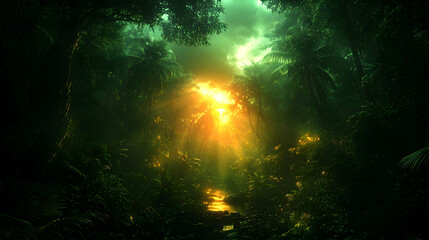 Sunlit Jungle Path, Lush Foliage
