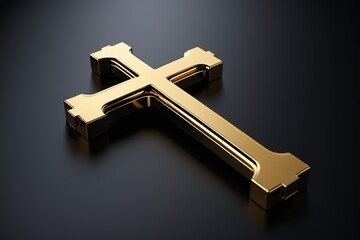 a close up of a cross on a black surface with a reflection