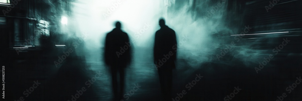 Poster Mysterious silhouettes wandering through an abstract background of fear and darkness in a blurred environment at night Generative AI