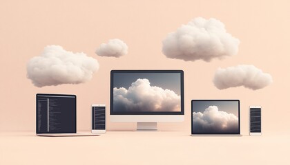 Cloud Computing Devices on Beige Background