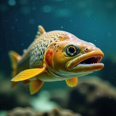 Close-up of brown trout underwater, details visible, underwater scene, colour, brown trout