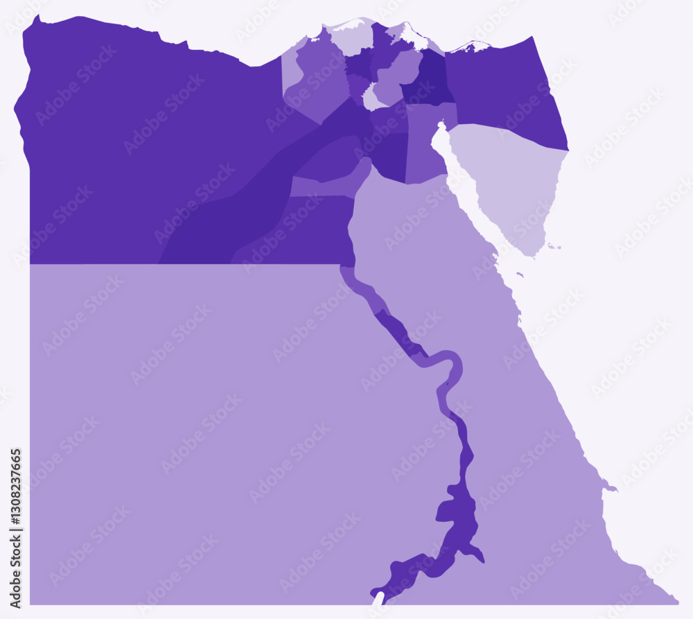 Poster map of egypt with regions. just a simple country border map with region division. deep purple color 